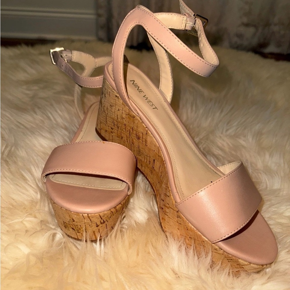 Nine West Blush Pink / NUDE Cork Wedge Sandals with Ankle Strap